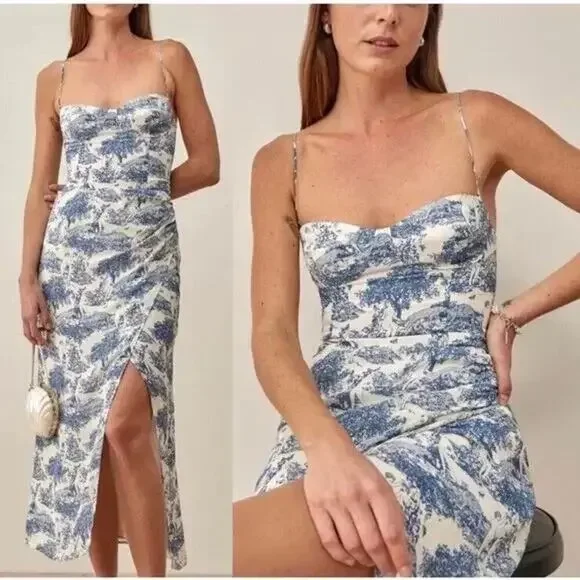 Reformation Kourtney Midi Dress In Pastoral Print Blue White Size 6 - Picture 1 of 6